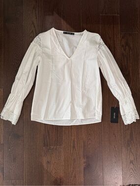 Zara White V-Neck Lace-Detail Blouse